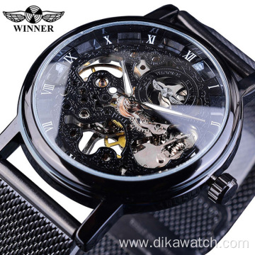 Top Brand Winner Thin Case Full Golden Watch Openwork Clock Mesh Band Men's Mechanical Watches Luminous Hands Relogio Masculino